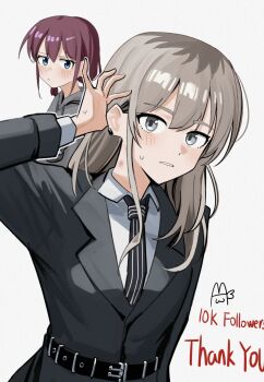 2girls black_jacket black_necktie blue_eyes blush brown_hair chinese_commentary closed_mouth commentary_request girls_band_cry grey_eyes grey_hair haidao_mao hair_between_eyes highres iseri_nina jacket kawaragi_momoka low_twintails multicolored_hair multiple_girls necktie open_mouth roots_(hair) shirt short_hair short_twintails simple_background striped_necktie sweatdrop twintails white_background white_shirt