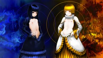 2girls abstract abstract_background absurdres aristocratic_clothes artist_name black_dress blue_dress blue_eyes blue_lips blunt_bangs bob_cut breasts cari_(scari) choker clothing_cutout collar collarbone commission cutout_clothes cutout_dress dark_blue_clothes dress earrings exhibitionism flat_chest frilled_collar frilled_dress frilled_skirt frilled_sleeves frills gold_dress gold_hair gold_trim golden_lipstick hand_on_own_hip hands_on_own_hips highres hime_cut hip_bones hip_vent jewelry lipstick loli long_hair long_sleeves looking_at_viewer makeup medium_hair midriff multiple_girls nail_polish navel nipples public_indecency puffy_sleeves revealing_clothes revealing_cutout short_hair skirt small_breasts standing straight_hair topless_female see-through_gloves visible_ribs white_dress widescreen_wallpaper yellow_dress yellow_eyes