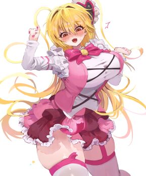 ! 1girl :3 :d absurdres blonde_hair blush bow breasts commentary don_quixote_(project_moon) dot_nose dress e.g.o_(project_moon) fang frills hair_between_eyes hair_ornament heart heart_hair_ornament highres huge_breasts limbus_company long_hair long_sleeves magical_girl nail_polish nervous_sweating open_mouth pink_bow pink_dress pink_nails pink_skirt project_moon red_eyes saeda8e simple_background skin_fang skirt smile solo sweat thick_thighs thighhighs thighs