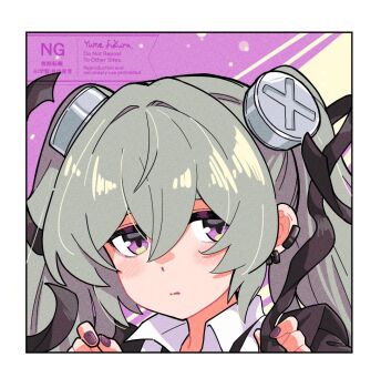 1girl blush closed_mouth commentary_request corin_wickes earclip earrings green_hair hair_between_eyes hair_intakes hands_up jewelry looking_at_viewer portrait purple_background purple_eyes purple_nails screw_hair_ornament solo twintails two-tone_background yellow_background yumefukura zenless_zone_zero