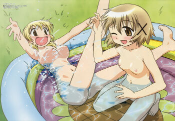 00s 2girls blonde_hair breasts brown_eyes brown_hair female_focus hair_ornament hidamari_sketch inflatable_pool kneeling leg_up legs lying miyako_(hidamari_sketch) multiple_girls navel nipples no_pussy nude one_eye_closed open_mouth outdoors plant tagme thighs uncensored yuno_(hidamari_sketch)