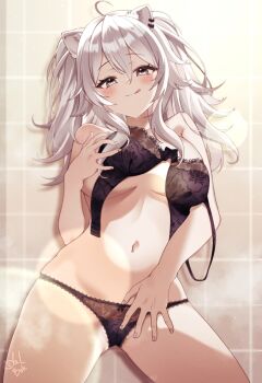 1girl :q ahoge animal_ear_piercing animal_ears black_bra black_panties bra breasts cleavage commentary double-parted_bangs grey_eyes grey_hair hair_between_eyes hand_up highres hololive lace lace-trimmed_bra lace-trimmed_panties lace_trim large_breasts legs_apart lingerie lion_ears lion_girl lion_tail long_hair looking_at_viewer messy_hair navel panties shishiro_botan solo standing stomach tail tile_wall tiles todalbok106 tongue tongue_out two_side_up underwear virtual_youtuber