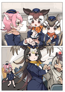 5girls airplane_interior animal_ears blazer brown_eyes brown_hair flight_attendant flight_attendant_hat giant_otter_(kemono_friends)_(kuro_(kurojill)) highres jacket kanmoku-san kemono_friends multicolored_hair multiple_girls neckerchief okapi_(kemono_friends) peach_panther_(kemono_friends) pink_hair siberian_chipmunk_(kemono_friends) striated_caracara_(kemono_friends) surprised travel_attendant yellow_eyes