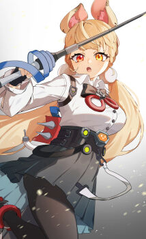 1girl absurdres alice_thymefield animal_ears black_pantyhose blonde_hair breasts chawarabi commentary_request green_skirt hair_ornament heterochromia highres holding holding_sword holding_weapon large_breasts looking_at_viewer open_mouth pantyhose pleated_skirt rabbit_ears rabbit_girl rapier red_eyes shirt skirt solo sphere_hair_ornament sword twintails weapon white_shirt yellow_eyes zenless_zone_zero