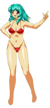 Rule 34 | 00s, bikini, breasts, brown eyes, cameltoe, cleavage, eyeball (artist), green hair, highres, inko no tsubasa, short hair, swimsuit, tenshi no shippo