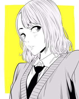 1girl asymmetrical_bangs breasts cardigan commentary_request eyebrows_hidden_by_hair greyscale_with_colored_background hatching_(texture) highres large_breasts lee_(dragon_garou) light_blush lips medium_hair necktie original parted_lips portrait profile school_uniform sideways_glance solo yellow_background