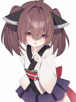 Rule 34 | 1girl, absurdres, ahoge, brown hair, diieru, finger to mouth, hair between eyes, hair intakes, hand up, headgear, highres, japanese clothes, kimono, long sleeves, looking at viewer, obi, parted lips, pleated skirt, purple skirt, red eyes, sash, simple background, skirt, solo, touhoku kiritan, twintails, voiceroid, white background, white kimono, wide sleeves