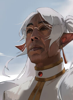 absurdres blue_sky breaking_bad closed_mouth cosplay dark-skinned_male dark_skin elf frieren frieren_(cosplay) glasses gold_trim gustavo_fring highres long_hair looking_ahead nyozantium outdoors pointy_ears sky sousou_no_frieren white_hair