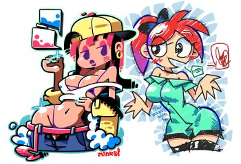 2girls :o absurdres bikini bikini_under_clothes bodypaint breasts cleavage curvy doodle_gf earrings graffiti highres hoop_earrings jewelry large_breasts looking_at_viewer lowleg lowleg_pants minuspal multicolored_hair multiple_girls narrow_waist navel nipples open_clothes original pants parted_lips pink_hair ponytail purple_bikini purple_eyes purple_lips pussy pussy_peek red_hair seductive_gaze shirt simple_background source_request speech_bubble swimsuit taggi thong thong_bikini two-tone_hair white_background white_shirt wide_hips