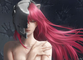 1girl absurdres artist_name artist_request bare_arms bare_shoulders blood breasts broken_helmet broken_mask closed_eyes dark_background elfen_lied female_focus half_mask hand_on_own_chest hand_on_own_shoulder handprints helmet highres long_hair looking_down lucy_(elfen_lied) mask mask_on_head nude pink_hair red_eyes signed splatter upper_body very_long_hair