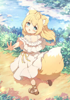 1girl :o ahoge animal_ear_fluff animal_ears blonde_hair blue_eyes blurry blush bush day depth_of_field dress fox_ears fox_girl fox_tail frilled_dress frills head_tilt highres leaf long_hair looking_at_viewer looking_back no_socks off-shoulder_dress off_shoulder open_mouth original outdoors outstretched_arms path ribbon road running sandals sidelocks solo strap stream tail tyomimas variant_set vegetation waist_ribbon water_stream white_dress yellow_ribbon