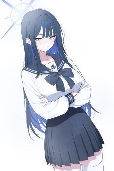 Rule 34 | 1girl, absurdres, black bow, black sailor collar, black skirt, blue archive, blue eyes, blue halo, blue nns09, bow, closed mouth, commentary, crossed arms, halo, highres, long hair, looking at viewer, pleated skirt, sailor collar, saori (blue archive), school uniform, serafuku, shirt, skirt, smile, solo, white shirt