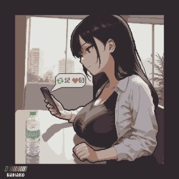 1girl artist_name black_border black_eyes black_hair border bottle breast_rest breasts building cellphone cleavage clenched_hand closed_mouth collared_shirt commentary_request dress_shirt from_side highres holding holding_phone indoors large_breasts like_and_retweet long_hair looking_at_phone open_clothes open_shirt original phone pixel_art plant shirt sidelocks sitting smartphone solo specialhanako table water_bottle white_shirt window