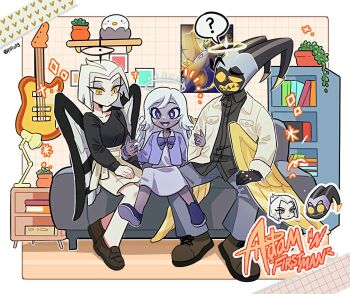 1boy 2girls :d ? adam_(hazbin_hotel) aged_down alternate_universe black_gloves black_halo black_shirt black_shoes black_wings blue_shoes bob_cut book bookshelf border bow bowtie breasts bright_pupils character_name chibi chibi_inset child closed_mouth collared_jacket collared_shirt colored_sclera colored_skin colored_teeth commentary_request couch cross denim double_arm_hug dress electric_guitar emily_(hazbin_hotel) eyeshadow feathered_wings freckles full_body gloves glowing glowing_halo grey_dress grey_eyeshadow grey_pants grey_skin guitar halo hand_on_own_thigh hazbin_hotel hellaverse horns indoors instrument jacket jeans korean_commentary lamp loafers long_hair long_sleeves looking_at_another lute_(hazbin_hotel) makeup mask medium_breasts medium_dress medium_skirt michelin_(p0lo09) multiple_girls nintendo_switch on_couch open_clothes open_jacket open_mouth outline outside_border pale_skin pants photo_(object) plant pocket potted_plant purple_bow purple_bowtie purple_eyes purple_jacket raised_eyebrow sharp_teeth shelf shirt shoelaces shoes short_hair simple_background sitting skirt slit_pupils smile sparkle spoken_question_mark spread_legs teeth tongue two-tone_wings uneven_eyes white_border white_hair white_halo white_jacket white_outline white_pupils white_skirt white_wings wings yellow_eyes yellow_sclera yellow_teeth yellow_wings