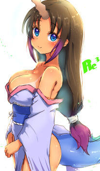 1girl backlighting bare_shoulders bikini_tan blue_eyes blush breasts brown_hair cleavage closed_mouth dragon_girl dragon_horn dragon_tail elma_(maidragon) from_side gradient_hair highres horns japanese_clothes kimono kobayashi-san_chi_no_maidragon large_breasts long_hair looking_at_viewer low-tied_long_hair multicolored_hair obi off_shoulder purple_hair reiwa_rerere sash simple_background single_horn sketch smile solo tail tan tanline white_background