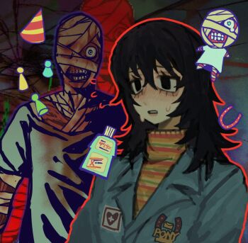 anya_(mouthwashing) bandaged_arm bandaged_chest bandaged_head bandages black_eyes black_hair blue_eyes blue_jacket curly_(mouthwashing) curly_(post-crash)_(mouthwashing) highres horseshoe hospital_gown jacket lapels long_hair mouthwash mouthwashing no_lips notched_lapels nurse open_mouth pony_express_uniform skinned striped_clothes striped_sweater sunny_sakana sweat sweater upper_body