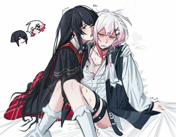 2girls black_hair blush camisole commentary_request drooling ear_blush gloves grey_camisole hand_on_another&#039;s_shoulder heihuamu1 highres kneehighs long_hair mahou_shoujo_no_majo_saiban multiple_girls nikaido_hiro open_mouth panties panties_around_one_ankle pink_eyes pink_hair red_eyes sakuraba_ema saliva shirt simple_background socks thigh_strap underwear white_background white_gloves white_hair white_panties white_shirt white_socks yuri