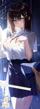 Rule 34 | 1girl, 1other, 2025, absurdres, artist name, bag, blue skirt, blush, breasts, brown hair, calendar (medium), collared shirt, convenient censoring, cowboy shot, dengeki moeoh, green eyes, hair between eyes, hair ornament, hairpin, hand on own chest, highres, june, large breasts, looking at viewer, magazine scan, medium hair, multiple hairpins, neck ribbon, no bra, original, outdoors, parted lips, piyopoyo, pleated skirt, rain, red ribbon, ribbon, scan, school bag, school uniform, see-through clothes, see-through shirt, shirt, short sleeves, skirt, standing, tented shirt, third-party source, wet, wet clothes, wet hair, wet shirt, white shirt