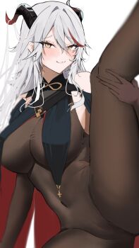 1girl :3 aegir_(azur_lane) azur_lane backward-facing_horns black_horns bodystocking breast_curtains breasts brown_bodystocking brown_gloves cameltoe commentary_request covered_navel elbow_gloves gloves grey_hair hair_on_horn highres holding_own_leg horns kneepits large_breasts looking_at_viewer navel red_streaks solo sonic_(yamada_edpy2737) spread_legs wide_spread_legs yellow_eyes
