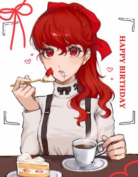 1girl birthday_cake bow cake cake_slice coffee coffee_mug commentary_request cup eating food food_on_face happy_birthday highres holding holding_spoon long_hair looking_at_viewer mug neru_hatsune00 open_mouth persona persona_5 persona_5_the_royal red_eyes red_hair simple_background solo spoon suspenders sweater teeth turtleneck turtleneck_sweater upper_teeth_only white_background yoshizawa_kasumi