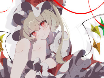 1girl absurdres ascot blonde_hair blush closed_mouth collared_shirt commentary crystal crystal_wings flandre_scarlet frilled_skirt frills hat head_on_knees head_rest highres looking_at_viewer mint_onyo mob_cap multicolored_wings one_side_up puffy_short_sleeves puffy_sleeves red_eyes red_skirt red_vest shirt short_sleeves skirt smile solo touhou vest white_hat white_shirt wings wrist_cuffs yellow_ascot