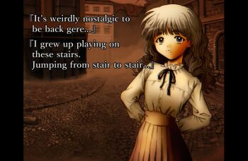 1girl arms_behind_back black_border black_eyes black_ribbon border brown_hair cowboy_shot english_text face_piercing fake_screenshot fear_&amp;_hunger_(series) fear_&amp;_hunger_2:_termina frilled_shirt_collar frills long_hair long_sleeves looking_at_viewer marina_(fear_&amp;_hunger) mouth_piercing neck_ribbon outdoors parted_lips piercing pillarboxed pink_skirt pleated_skirt ribbon shirt shirt_tucked_in skirt sm2_hokke solo typo white_shirt