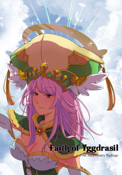 1girl alternate_costume blue_sky blush breasts cape cleavage closed_mouth cloud commentary_request corset crown detached_sleeves dress fur-trimmed_cape fur_trim green_cape green_corset green_hat hat highres large_breasts large_hat long_hair looking_at_viewer pink_hair ragnarok_online red_eyes saishichi sidelocks sky smile solo strapless strapless_dress upper_body warlock_(ragnarok_online) white_dress white_sleeves yellow_hat