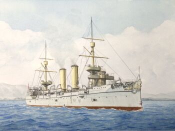 atelier_bono cannon cruiser highres imperial_japanese_navy mast military_vehicle no_humans original painting_(medium) ship ship_turret smoke smokestack traditional_media vehicle_focus warship watercolor_(medium) watercraft yoshino_(cruiser)