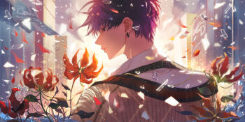 1boy brown_jacket closed_mouth earrings expressionless facing_to_the_side flower glass_shards hair_between_eyes highres jacket jewelry light_particles love_and_deepspace male_focus petals purple_hair rafayel_(love_and_deepspace) red_flower shards ti_tun upper_body
