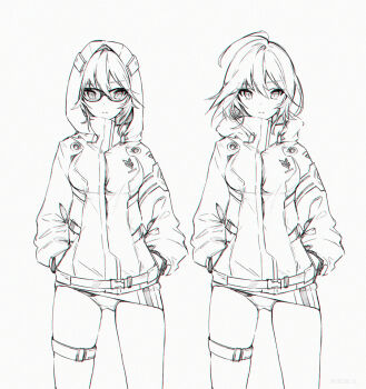 Rule 34 | 1girl, breasts, coat, curly hair, highres, long sleeves, looking at viewer, monochrome, original, pants, simple background, snow is, sunglasses, white background