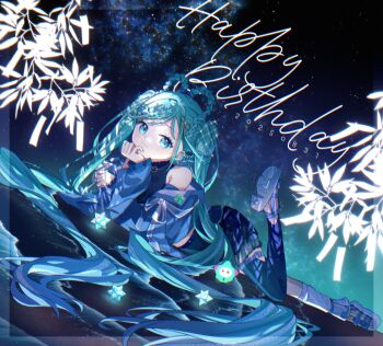 1girl aqua_hair asymmetrical_legwear blue_eyes blue_jacket blue_thighhighs braid braided_hair_rings closed_mouth crop_top dated hair_ornament hair_rings hand_on_own_chin happy_birthday hatsune_miku highres jacket kitton_(hekiku13) long_hair lying magical_mirai_(vocaloid) magical_mirai_miku magical_mirai_miku_(2025) official_alternate_costume official_alternate_hairstyle on_stomach open_clothes open_jacket sandals shirt single_thighhigh sky sleeveless sleeveless_shirt smile solo star_(sky) star_(symbol) star_hair_ornament starry_sky tanabata thighhighs twintails very_long_hair vocaloid