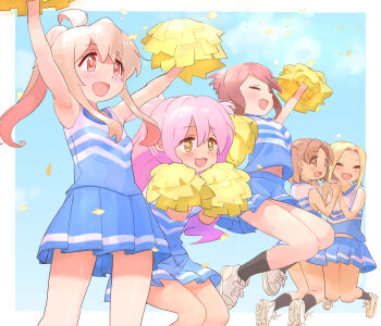 Rule 34 | 5girls, :d, ahoge, arm up, armpits, arms up, bare arms, bare legs, bare shoulders, black socks, blonde hair, blue shirt, blue skirt, blue sky, brown eyes, brown hair, cheerleader, closed eyes, cloud, commentary, confetti, eyes visible through hair, highres, holding hands, interlocked fingers, jumping, kyarahiba, long hair, looking away, multiple girls, nagase miyako, onii-chan wa oshimai!, open mouth, oyama mahiro, pink hair, pleated skirt, pom pom (cheerleading), ponytail, shiina minori, shirt, short hair, sidelocks, skirt, sky, sleeveless, sleeveless shirt, smile, socks, takada satsuki, twintails, two side up, yasaka mai, yellow eyes