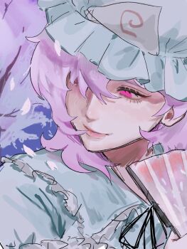 Rule 34 | 1girl, black ribbon, blue hat, blue shirt, cherry tree, commentary request, falling petals, frilled shirt, frills, hair over one eye, hand fan, hat, highres, holding, holding fan, kitunegasak, lips, looking to the side, medium hair, mob cap, petals, pink eyes, pink hair, realistic, ribbon, saigyouji yuyuko, shirt, solo, touhou, triangular headpiece