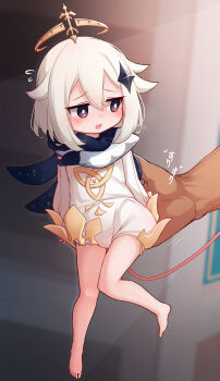 1boy 1girl absurdres barefoot black_scarf blurry blurry_background blush dress genshin_impact groping halo highres in_palm mochikushi open_mouth paimon_(genshin_impact) romper scarf sound_effects sound_effects_only tiny translation_request white_dress white_hair white_romper white_scarf