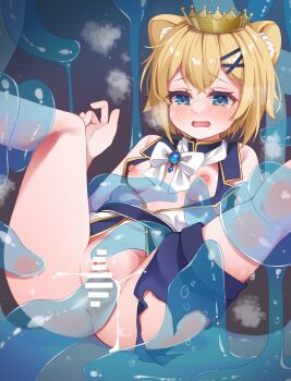 1girl animal_ears bar_censor blonde_hair blue_eyes blush bow bowtie breasts censored commentary commission crown cum cum_in_pussy hair_ornament highres indie_virtual_youtuber karaage3 nipples open_mouth pussy restrained shishihime_romio skeb_commission slime_(creature) small_breasts solo tentacle_sex tentacles vaginal