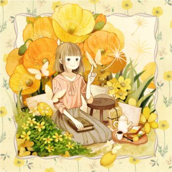 1girl bad_id bad_pixiv_id blunt_bangs blush book book_on_lap bread brown_eyes brown_hair brown_skirt bug butterfly butterfly_on_hand closed_mouth coffee_pot cup cushion dandelion_seed female_focus floral_background flower food fruit hand_up insect orange_(fruit) orange_flower orange_slice original pink_shirt poppy_(flower) seiza shirt short_hair sitting skirt smile solo somemachi tray yellow_flower