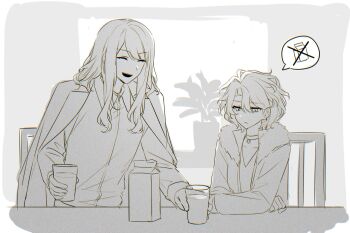 1boy 1girl chair choker coat coat_on_shoulders collared_shirt cup don_quixote_(project_moon) drink_carton fur-trimmed_hood fur_trim greyscale highres hood jacket kamisiro_sora la_manchaland's_don_quixote_(project_moon) limbus_company milk_carton monochrome open_mouth project_moon sancho_(project_moon) shirt sidelocks smile table upper_body
