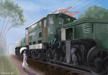 1girl 1other 2014 arch black_hair brown_hair cap cloud coupling_rods crank dated dead-robot dress electric_locomotive engine grass holding holding_umbrella krokodil_(locomotive) ladder locomotive original pantograph pants path ponytail railway road sky train tree umbrella vent_(object) wheel wheels white_dress window