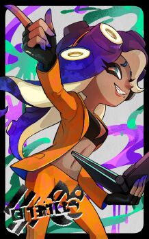 1girl aqua_eyes black_border black_gloves border commentary_request computer cowboy_shot dark-skinned_female dark_skin eyelashes fingerless_gloves gloves highres holding holding_laptop jacket laptop long_hair long_sleeves marina_(damp_socks_feat._off_the_hook)_(splatoon) marina_(splatoon) midriff mole mole_under_mouth nakai_mina navel nintendo octoling official_alternate_costume open_clothes open_jacket orange_jacket orange_pants orange_pupils pants purple_hair smile solo splatoon_(series) splatoon_3 splatoon_3:_side_order teeth tentacle_hair