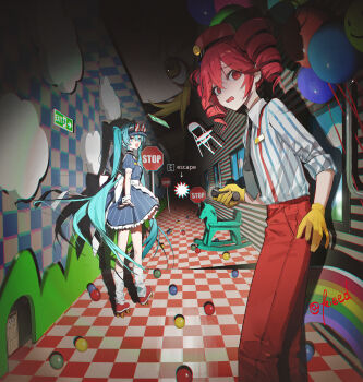 Rule 34 | 3girls, akita neru, black necktie, blue dress, blue eyes, blue hair, commentary, dress, drill hair, giant, giantess, gloves, hat, hatsune miku, highres, horror (theme), indoors, kasane teto, kieed, long hair, looking at viewer, mesmerizer (vocaloid), multiple girls, necktie, pinstripe dress, pinstripe pattern, red eyes, red hair, revision, shirt, short sleeves, smiley hair ornament, striped clothes, striped shirt, triple baka (group), twin drills, twintails, utau, visor cap, vocaloid, yellow gloves