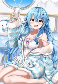 1girl ahoge aqua_jacket bare_shoulders blue_hair blush breasts camisole cleavage collarbone commentary_request elf fur-trimmed_jacket fur-trimmed_sleeves fur_trim hair_between_eyes hair_ornament heart heart_ahoge highres holding hololive indoors jacket large_breasts long_hair midriff navel official_alternate_costume official_alternate_hair_length official_alternate_hairstyle parted_lips pink_nails pointy_ears polka_dot polka_dot_camisole polka_dot_skirt sitting skirt sleepwear solo taichi8882 very_long_hair virtual_youtuber wariza white_camisole white_skirt yellow_eyes yukihana_lamy yukihana_lamy_(roomwear) yukimin_(yukihana_lamy)