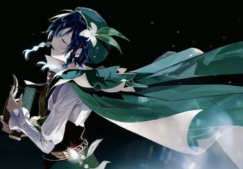 1boy androgynous aqua_hair bard beret black_background black_hair blue_hair braid cape closed_eyes collared_cape corset flower frilled_sleeves frills genshin_impact gradient_hair green_cape green_hat green_shorts hat hat_flower holding holding_instrument instrument lens_flare lyre male_focus multicolored_hair open_mouth profile revision shirt short_hair_with_long_locks shorts side_braids solo twin_braids upper_body venti_(genshin_impact) white_flower white_shirt yoko_(nz_g)