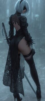 2b_(nier:automata) artist_request black_dress boots dress high_heel_boots high_heels highres holding holding_sword holding_weapon nier:automata nier_(series) rain sword weapon white_hair