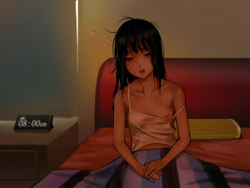Rule 34 | 1girl, alarm clock, as109, bare shoulders, black hair, breasts, camisole, clock, closed eyes, collarbone, covered erect nipples, drooling, female focus, game cg, indoors, long hair, messy hair, nipples, non-web source, one breast out, open mouth, shoujo to ura roji, sleepy, small breasts, solo, strap slip, tears