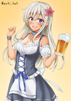 1girl alcohol anti_(untea9) barmaid beer beer_mug black_dress blonde_hair blue_eyes blush breasts cleavage commentary_request cup detached_sleeves dirndl dress drunk flower german_clothes hair_flower hair_ornament highres holding holding_cup kantai_collection long_hair looking_at_viewer medium_breasts mug one-piece_tan ro-500_(kancolle) smile solo tan tanline u-511_(kancolle) yellow_background