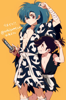 Rule 34 | 1boy, 1girl, akiyama enma, arm up, blue hair, collarbone, commentary request, dororo (character), dororo (tezuka), eyelashes, grin, hyakkimaru (dororo), japanese clothes, looking at another, peeking out, ponytail, red eyes, reverse trap, smile, sword, toned, toned male, torn clothes, torn sleeves, weapon, yellow background