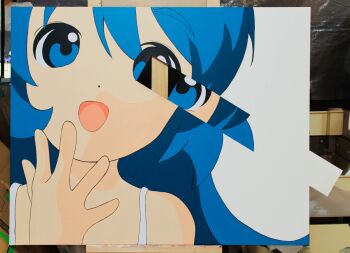 Rule 34 | 1girl, acrylic paint (medium), bare shoulders, blue eyes, blue hair, hand up, highres, long hair, looking at viewer, momoe (mme daigaku), open mouth, original, painting (medium), portrait, solo, spaghetti strap, traditional media, unconventional media