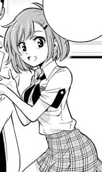 ahoge breasts chousuinou_kei collared_shirt cowboy_shot facing_to_the_side hair_ornament hairpin kinoshita_maori looking_at_viewer lowres medium_breasts miniskirt necktie non-web_source open_mouth plaid_clothes plaid_skirt pleated_skirt school_uniform shirt short_hair short_sleeves skirt smile speech_bubble squatting