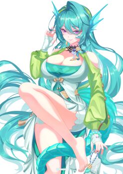 Rule 34 | 1girl, absurdres, aqua hair, aqua tail, bare shoulders, barefoot, blue nails, bracelet, breasts, cecilia (zenless zone zero), cleavage, closed mouth, collarbone, commentary, english commentary, fins, green hairband, green shrug, hairband, head fins, highres, hoavu, holding, holding unworn clothes, jewelry, large breasts, leg up, long hair, looking at viewer, mole, mole on collarbone, mole under mouth, nail polish, pearl bracelet, purple eyes, shrug (clothing), simple background, single hair intake, smile, solo, toenail polish, toenails, twitter username, white background, zenless zone zero