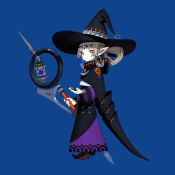 1girl absurdres blue_background cape commentary_request earrings elf grey_hair hat highres holding holding_weapon jewelry long_hair long_skirt looking_at_viewer mage_staff orange_eyes original pointy_ears saba-kann_(kannsaba) simple_background skirt solo staff weapon witch witch_hat